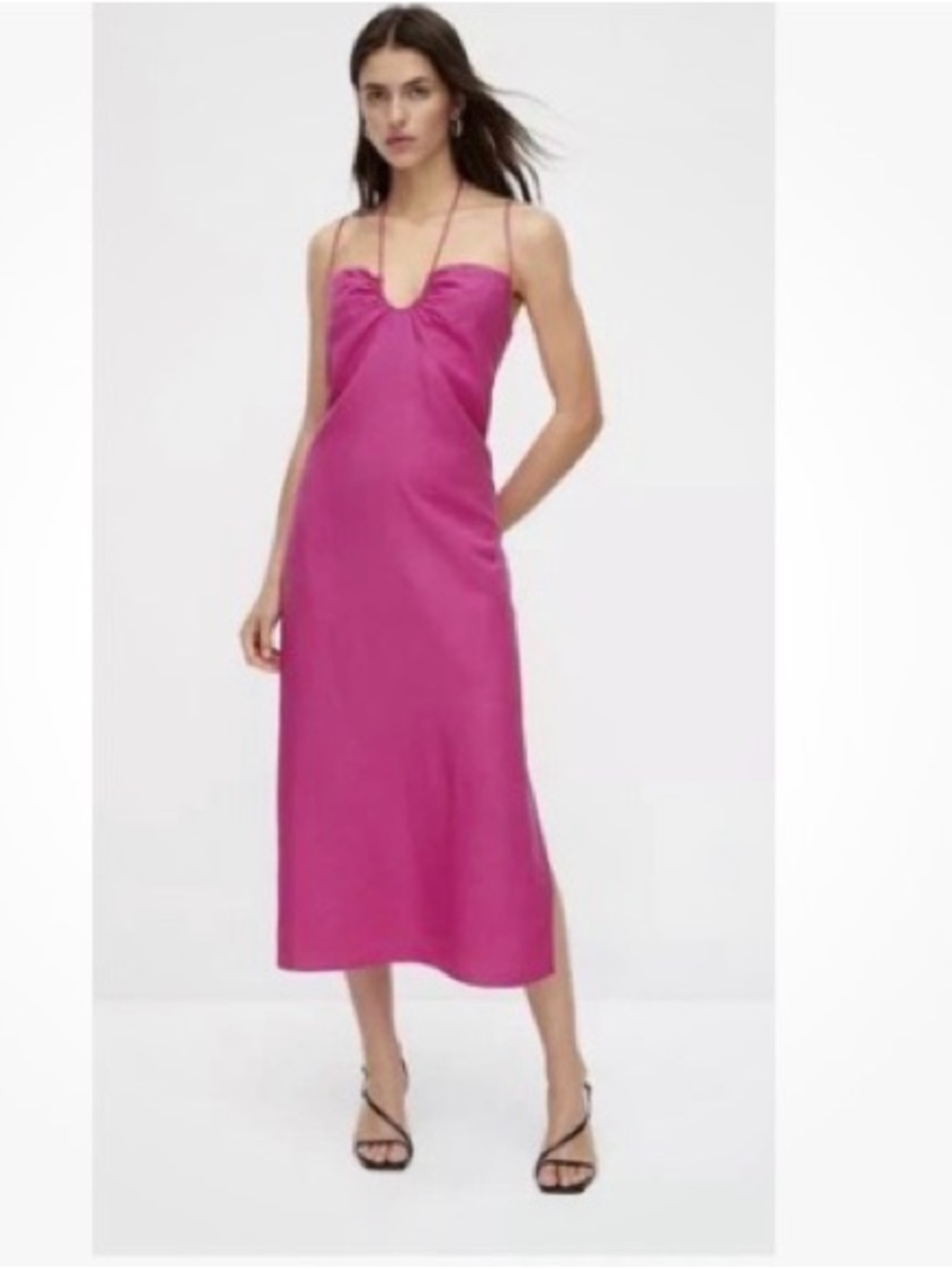 Massimo Dutti Fuchsia Pink Linen Blend Strappy Straps Midi Dress Slip Dress Sz M - Picture 10 of 16